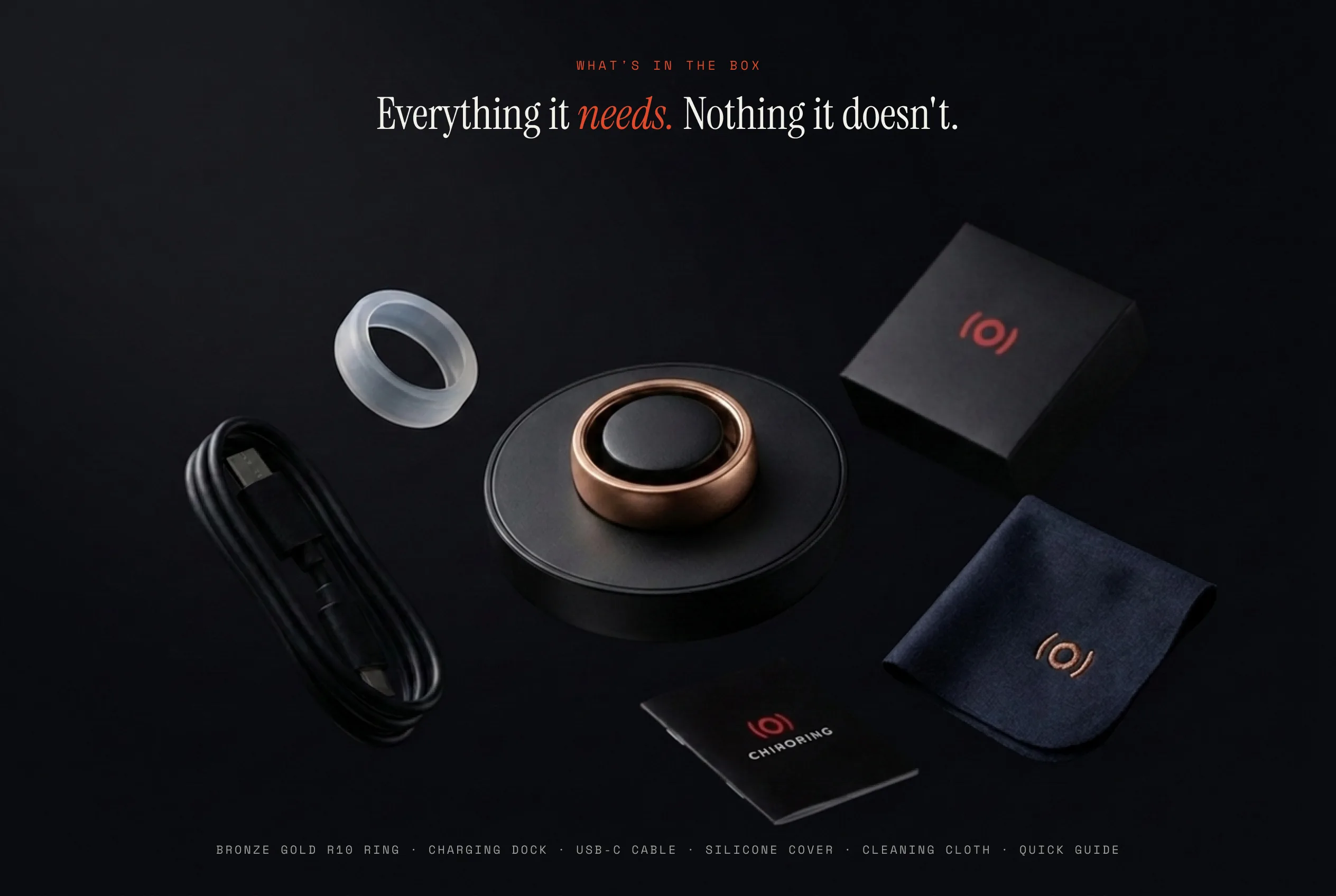 Everything in the ChiroRing bronze gold box: ring, charging dock, USB-C cable, silicone cover, cleaning cloth, quick guide